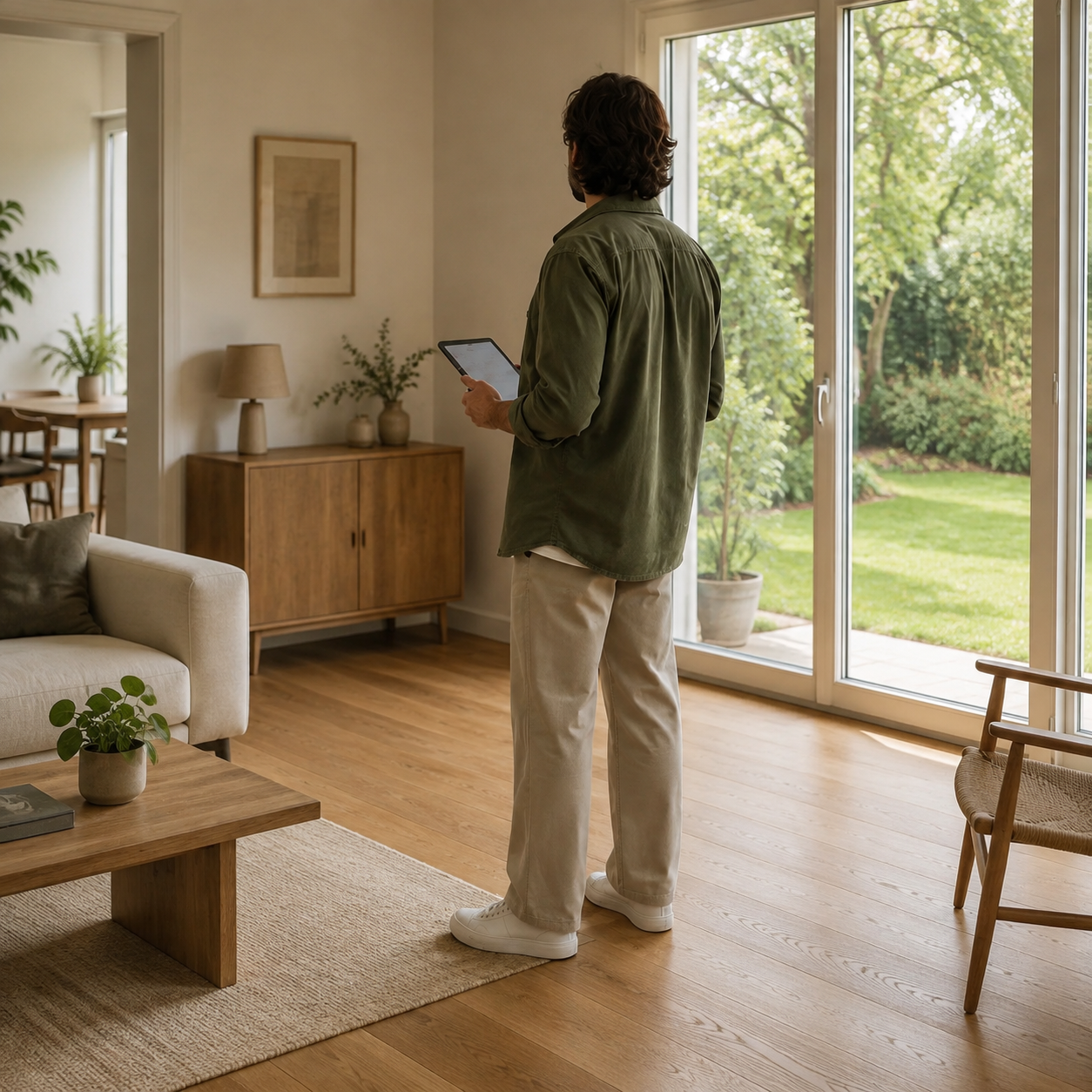 Un diagnostiqueur de dos aux cheveux mi-longs, en surchemise kaki et pantalon beige, tient une tablette dans une maison lumineuse donnant sur un jardin.